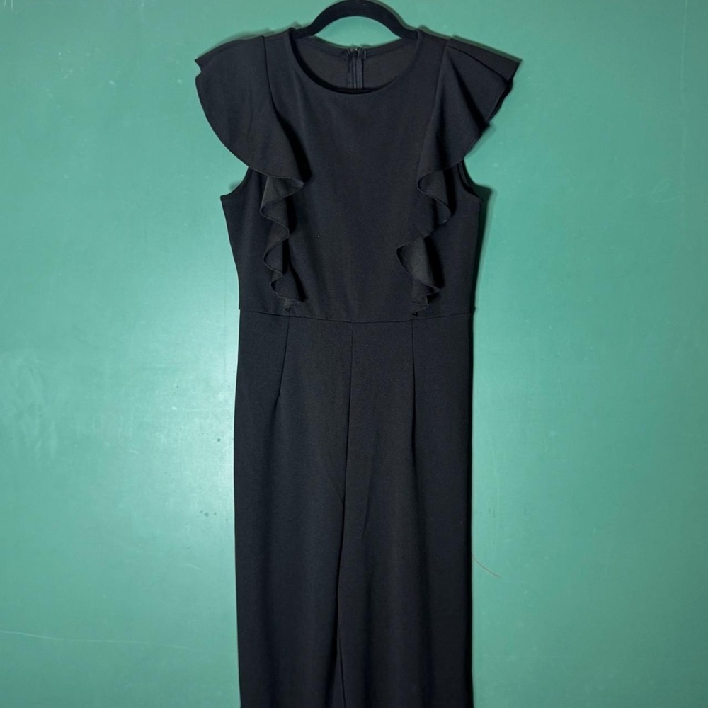 Black Ruffle Sleeve Wide Leg Jumpsuit Size M Work Modern Minimalist - Picture 1 of 6